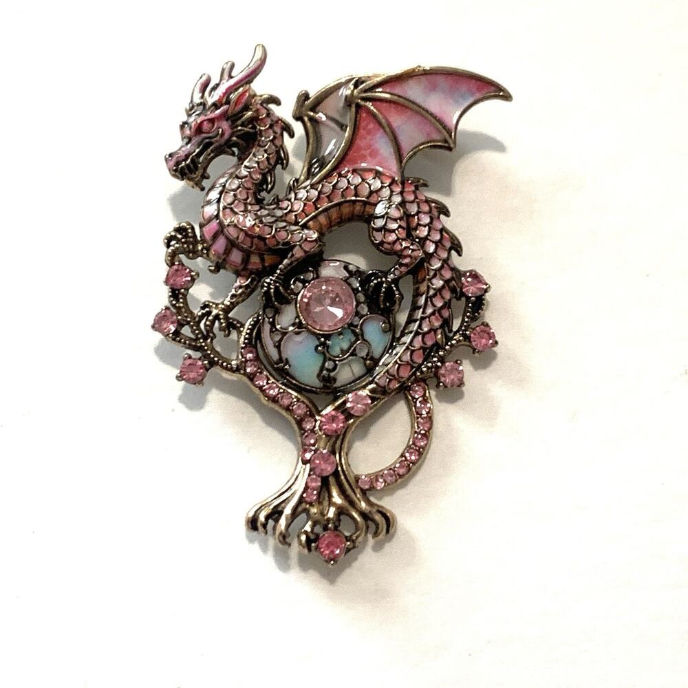 Y2K Pink Enamel Rhinestone Dragon Egg Brooch Large 3" Fantasy Statement Pin